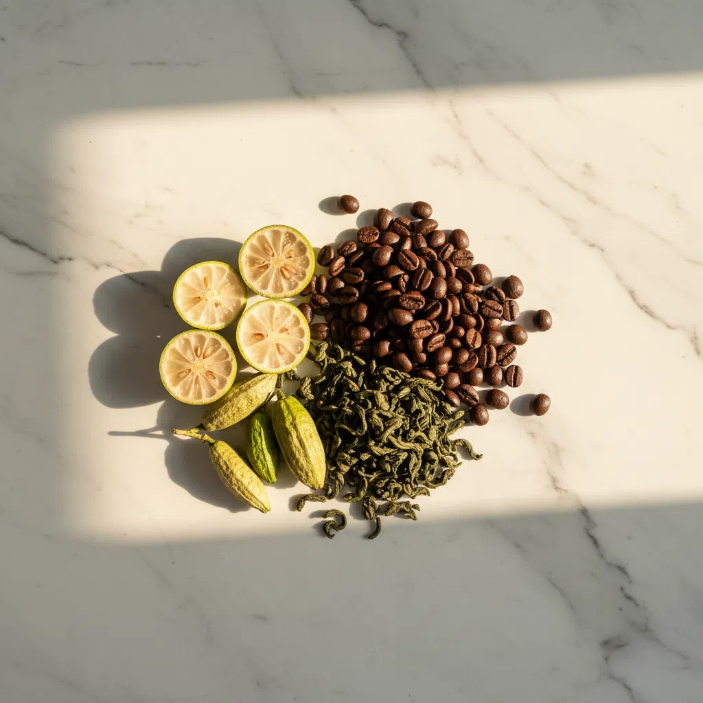 Flat lay of green coffee beans, green tea leaves, garcinia fruit and botanical ingredients on marble